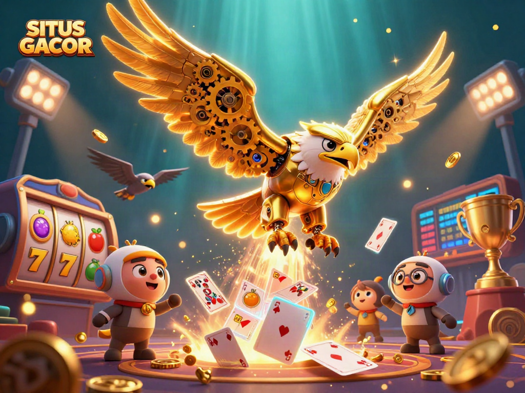 SITUS GACOR presents a vibrant 3D scene of a golden eagle diving through slot reels and flying cards.
