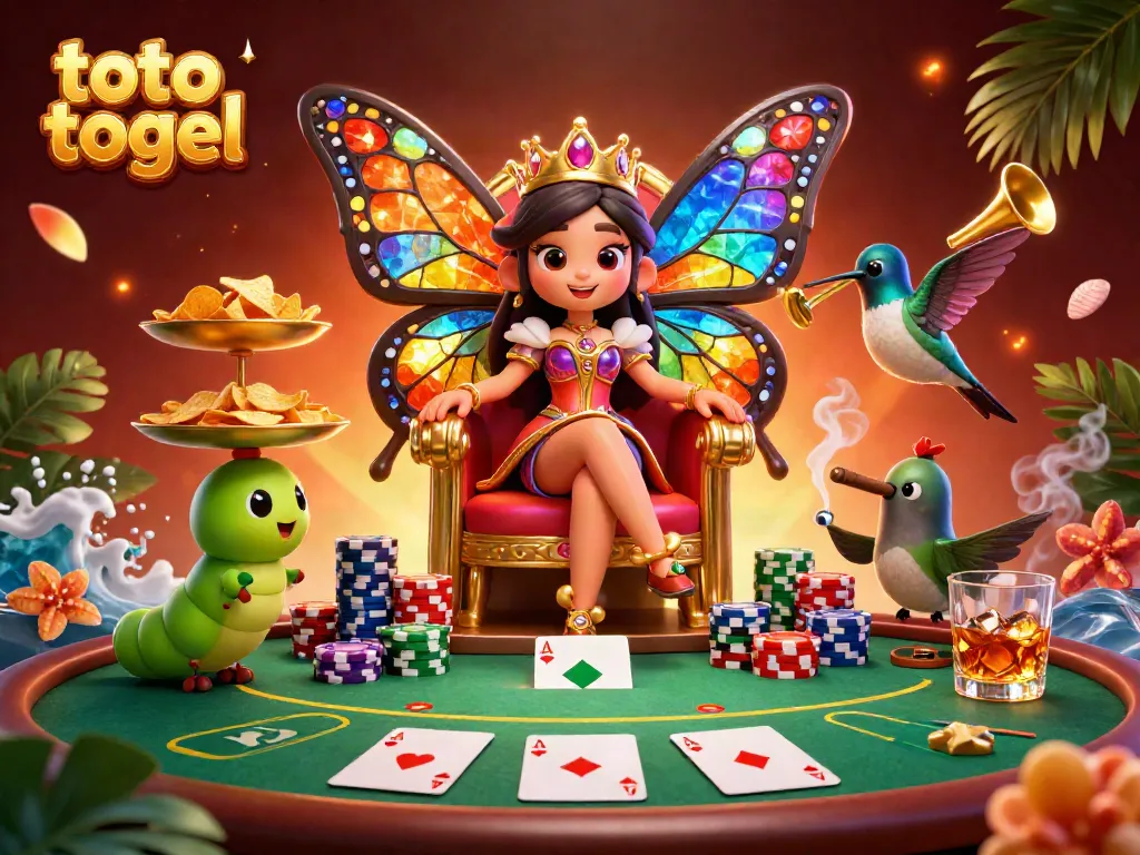 Experience an exciting toto togel scene with a colorful butterfly queen, poker game, and vibrant casino elements.