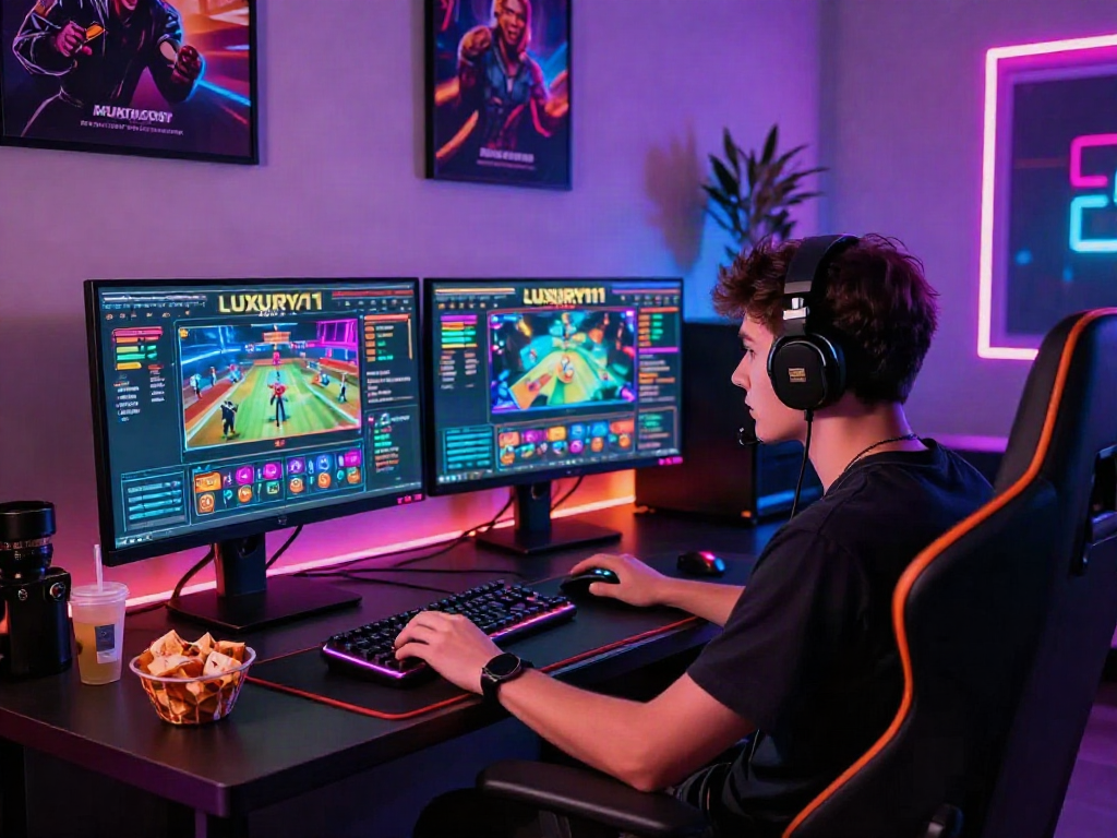 LUXURY111 Rtp pengalaman bermain game mewah di ruang gaming modern, penuh warna dan atmosfer energik.