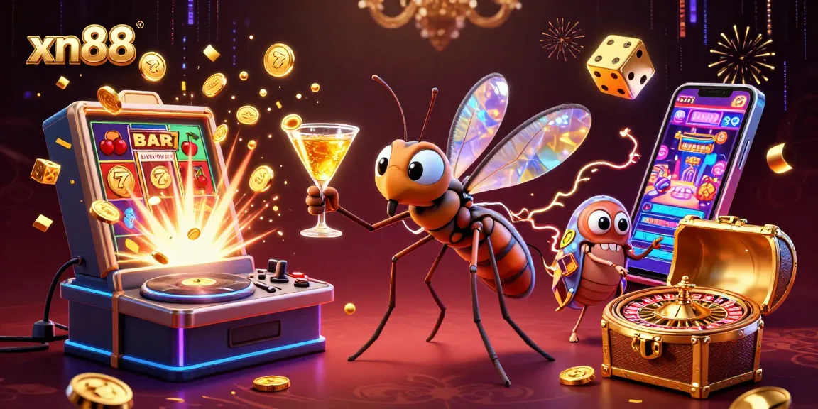 Experience vibrant xn88 casino action with a lively illustration of a charming mosquito mascot and dynamic gambling elements.