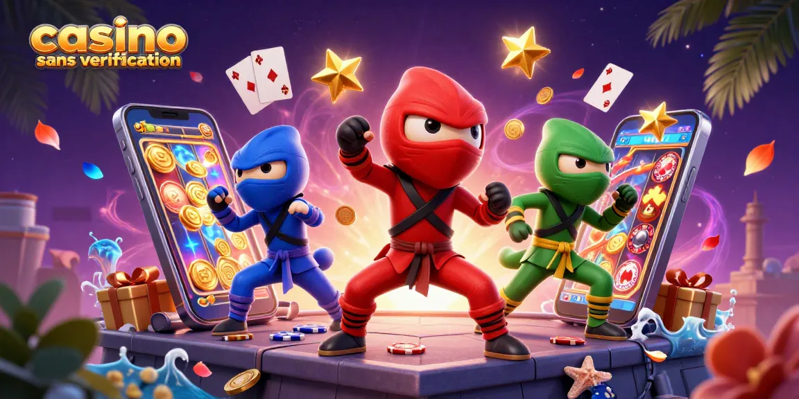Jouez à casino sans vérification avec une équipe de caméléons ninja dans une illustration 3D dynamique.