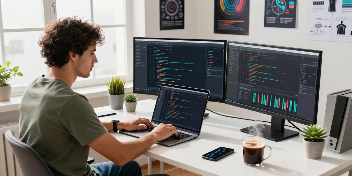 快连 software developer working in a modern office with multiple screens and coding tools.