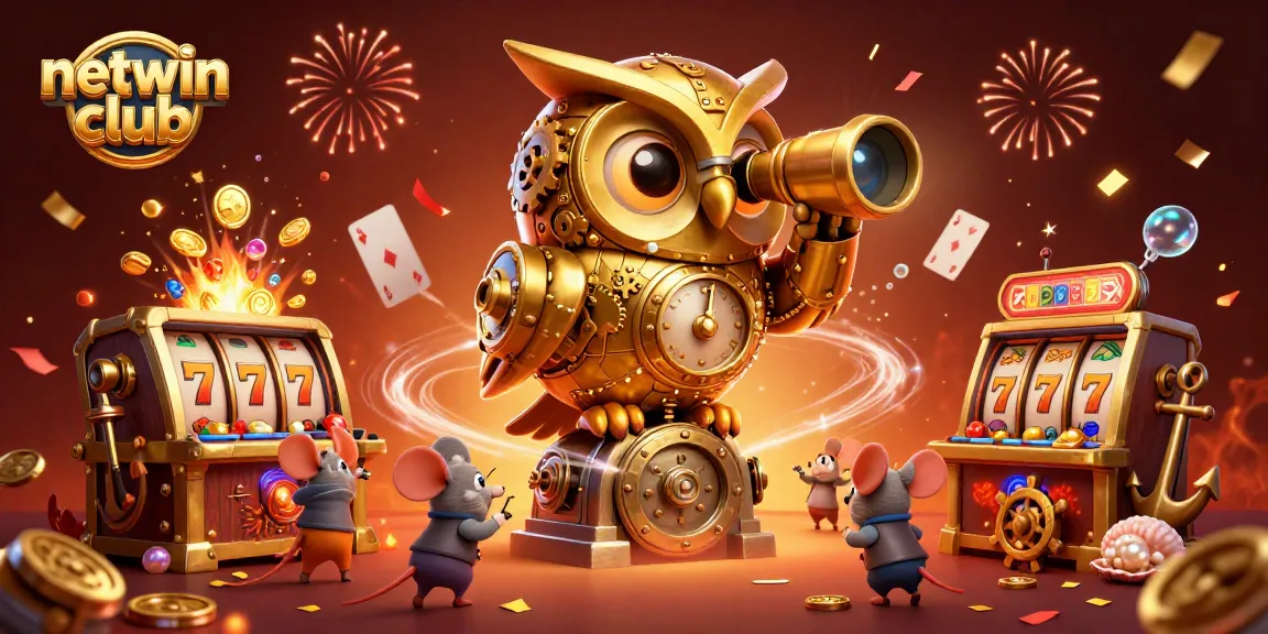 Experience the vibrant excitement of netwin club with a dynamic casino scene featuring a golden owl and animated slot machines.