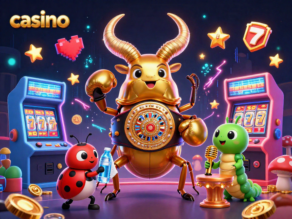 Experience vibrant casino fun with a giant beetle and ladybug in an ultra-detailed 3D illustration.