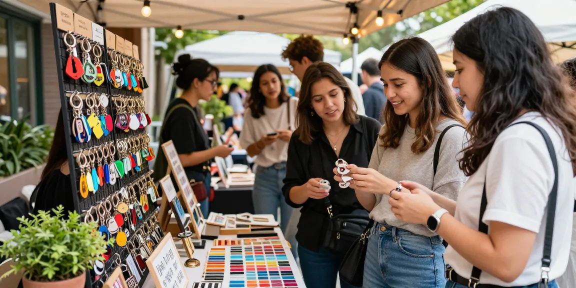 Personalized keychains displayed at a vibrant outdoor market with diverse shoppers examining custom designs.