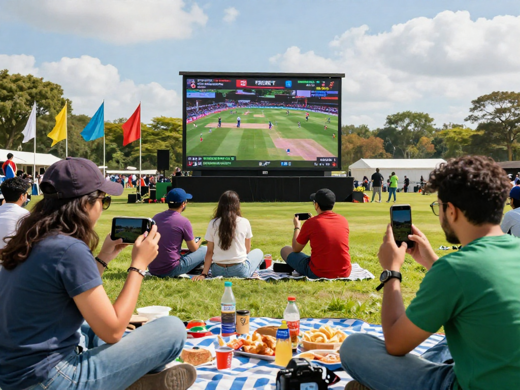 Cricfy TV APK live streaming cricket match scene with fans enjoying HD coverage outdoors