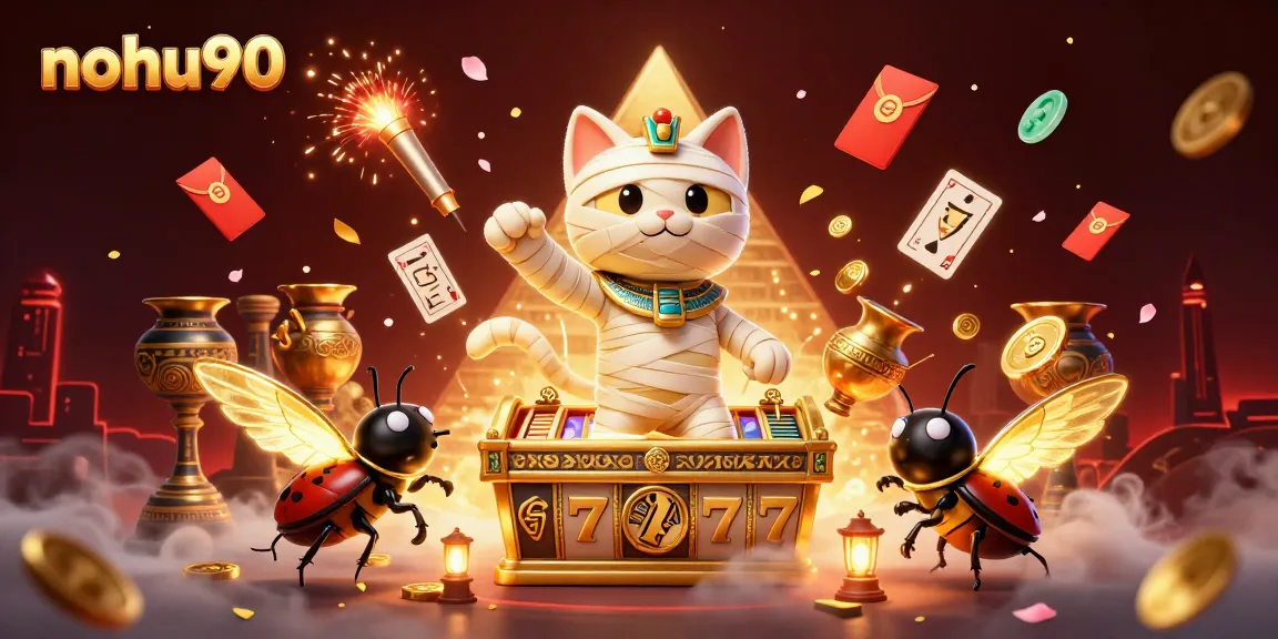 Engage in thrilling wins at nohu90 with vibrant 3D casino illustration featuring a mummy cat and gold details.