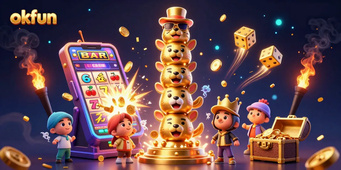 Win big with okfun in a vibrant casino scene featuring a golden totem and slot machine explosion.