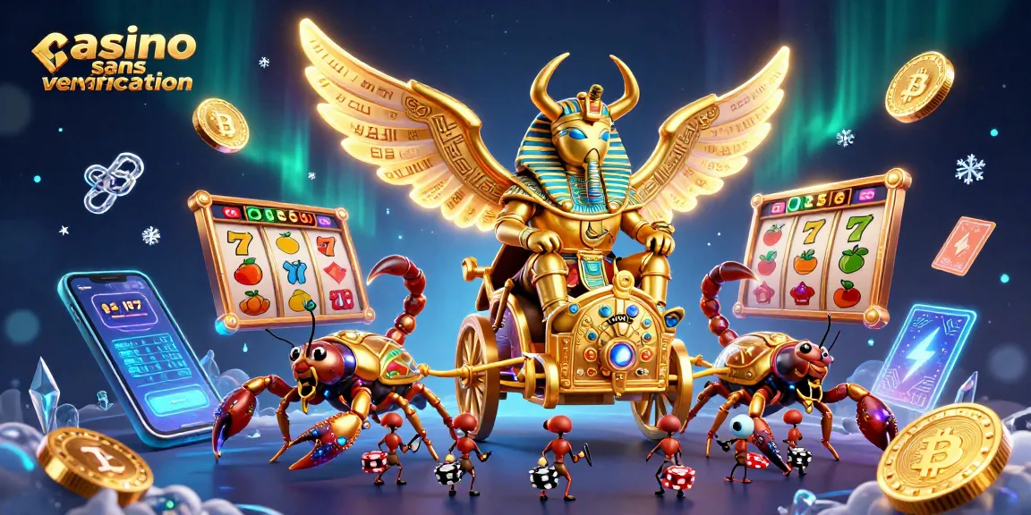 Jouer à casino sans vérification avec une illustration 3D dynamique de scarabée et jetons de poker.