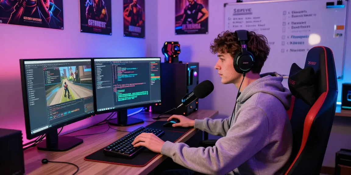 Gamer managing FiveM assets at a high-tech gaming station with multiple monitors and colorful LED lighting.