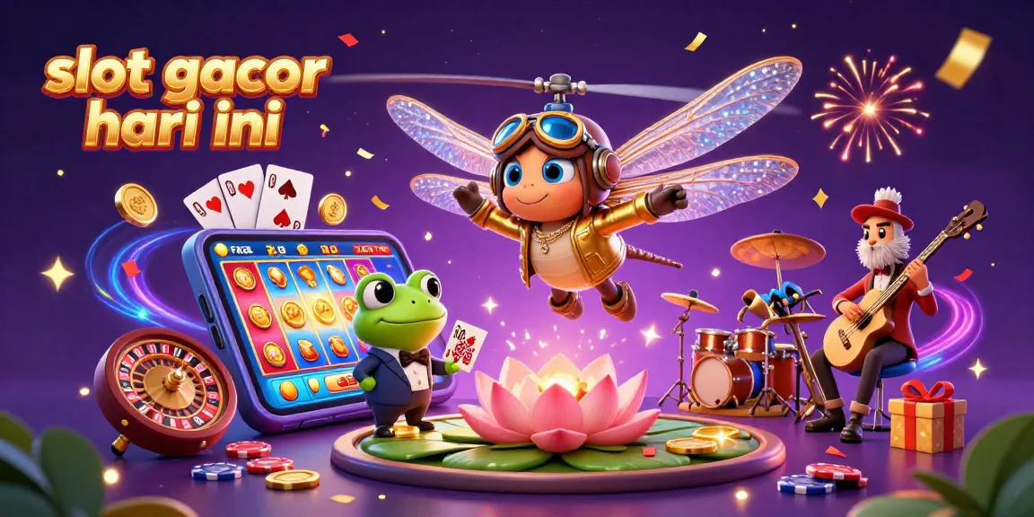 Engage with the vibrant scene of slot gacor hari ini brought alive by a cartoon dragonfly pilot and frog dealer.