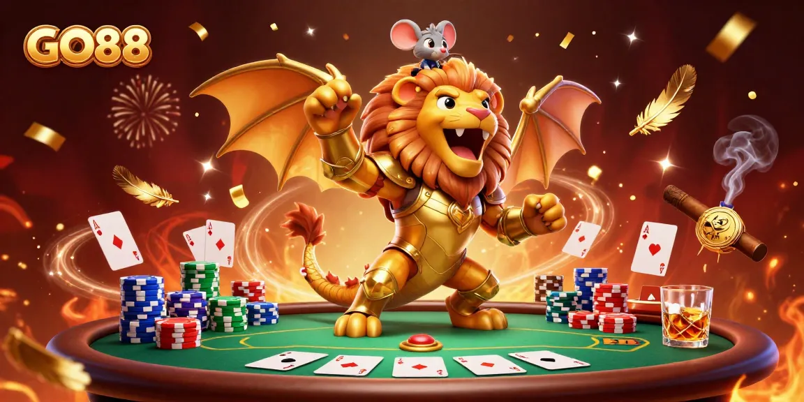 Engage in high-stakes gameplay with GO88's thrilling poker action and vibrant victory celebration.