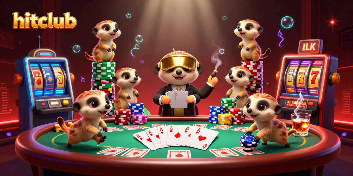 Hitclub shows meerkats running a lively casino with colorful poker chips and slot reels.