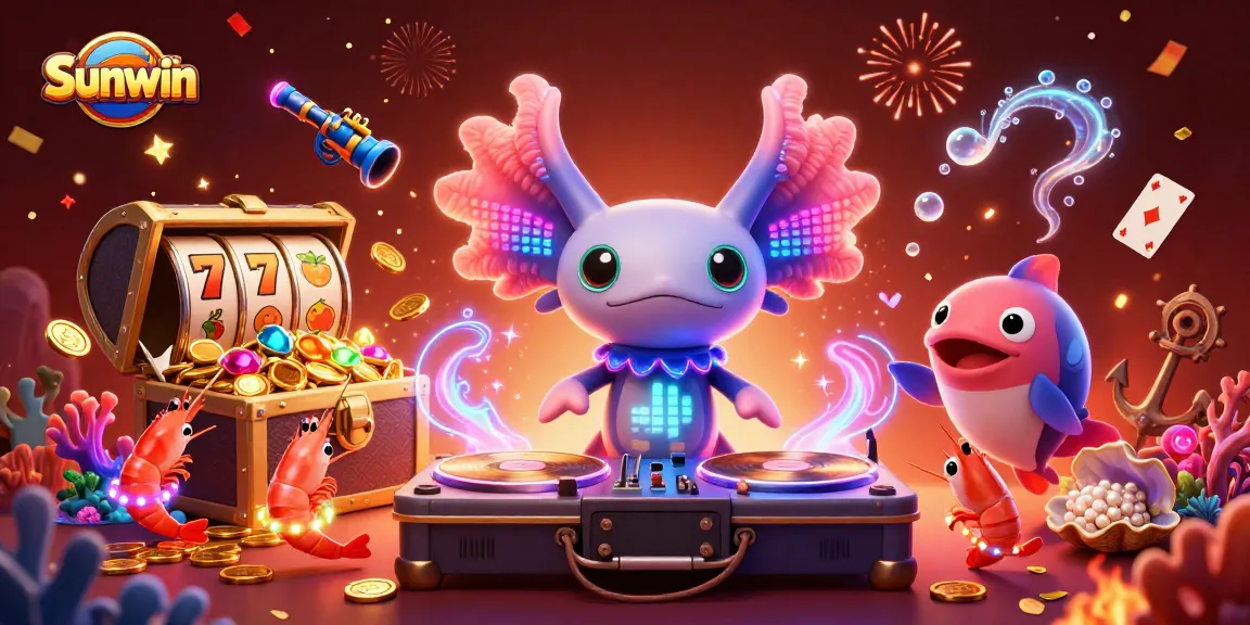 Experience the thrill of winning with Sunwin in a vibrant casino scene featuring animated DJ and lively sea creatures.