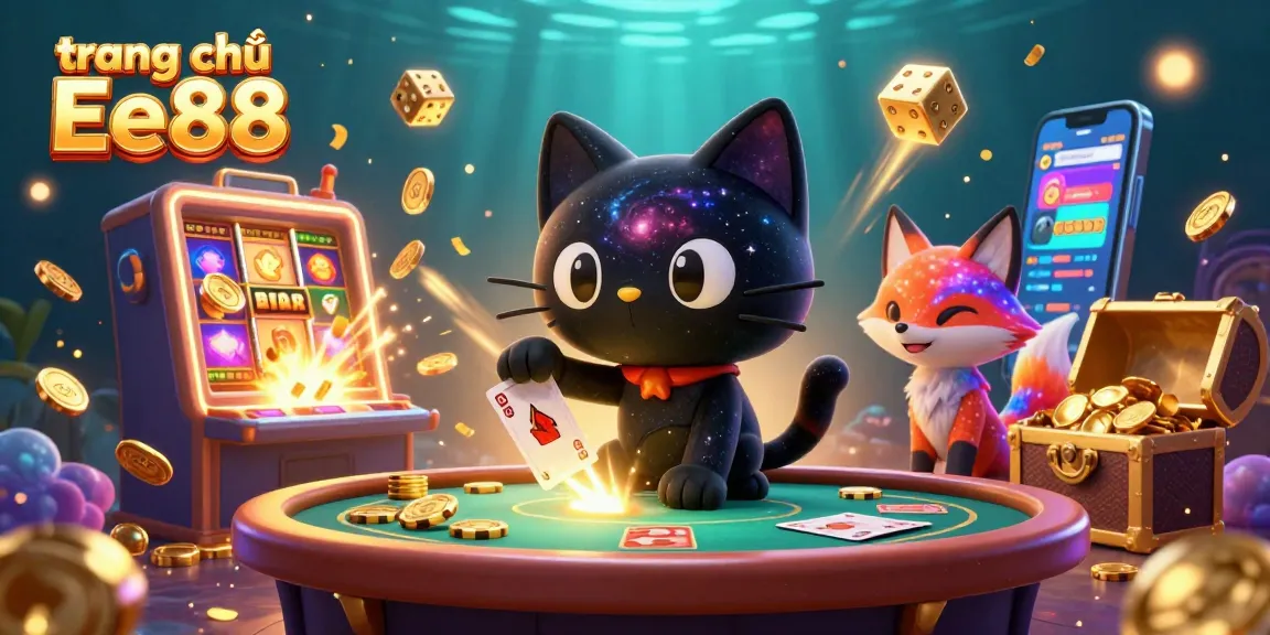 Engage with the vibrant cosmic casino experience at trang chủ Ee88, where a black hole cat charms with golden chips and a nebula fox accompanies in a magical setting.