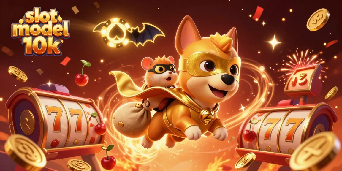 Engage with slot modal 10k as the superhero dog flies with gold coins, celebrating winnings.