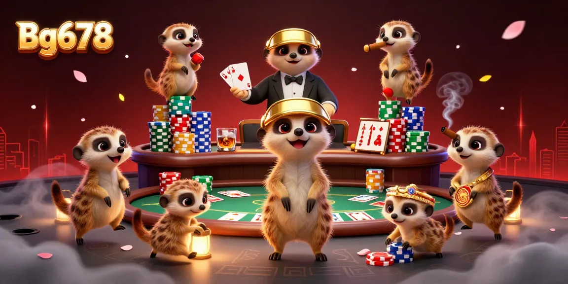 Engage with the immersive Bg678 gaming experience featuring meerkats in a lively casino scene.