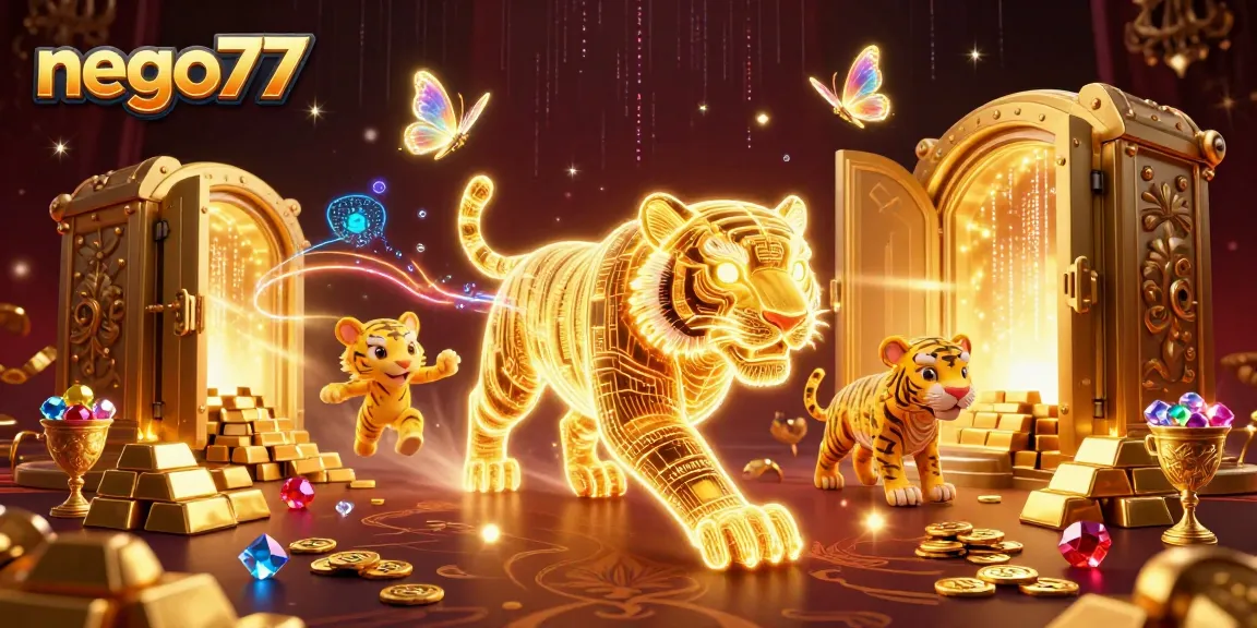 Play slots at nego77, experiencing immersive digital casino excitement with gold treasures and vibrant designs.