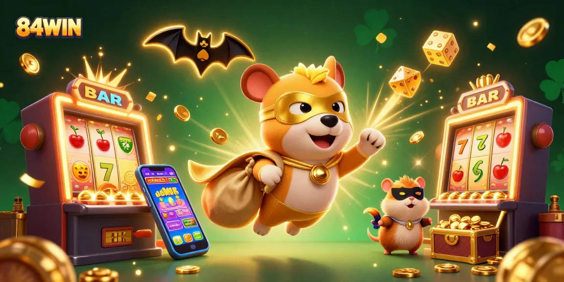 Experience the thrill of 84WIN with a superhero dog and hamster amid vibrant casino action.