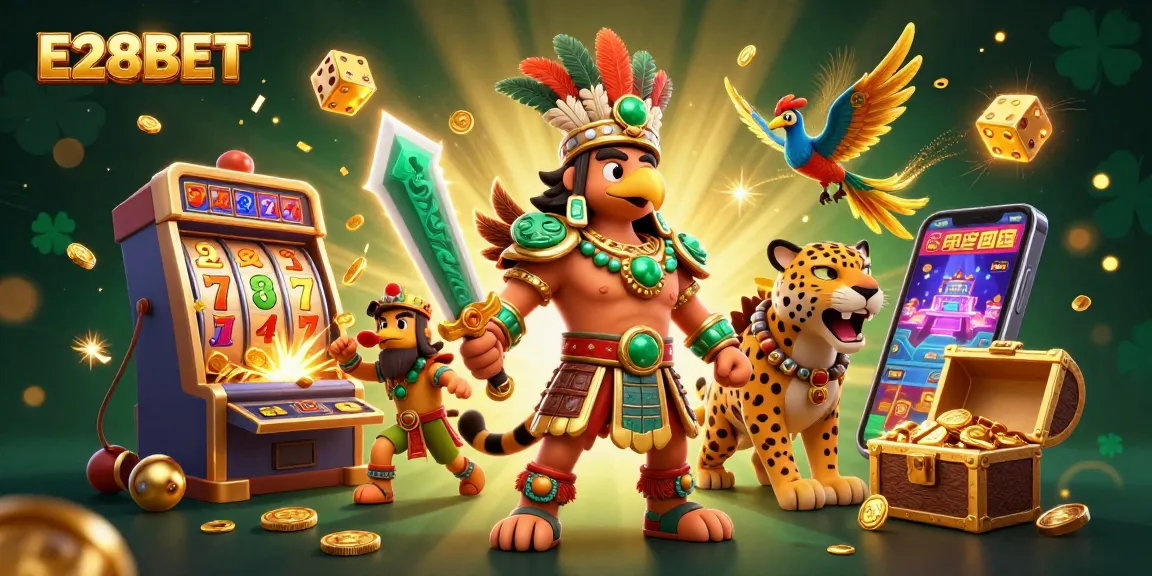 Engage in exciting gameplay at E28BET with a vibrant jackpot scene featuring slot machines and dynamic characters.
