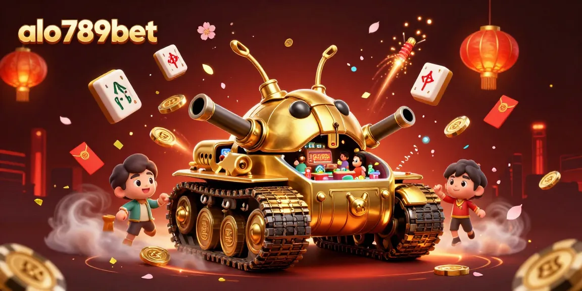 Engage with alo789bet’s vibrant casino adventure featuring a golden tank and lively gaming elements.