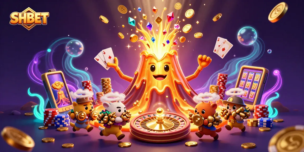 Win big at SHBET with vibrant 3D gaming adventure featuring a victorious volcano and treasure-filled characters.