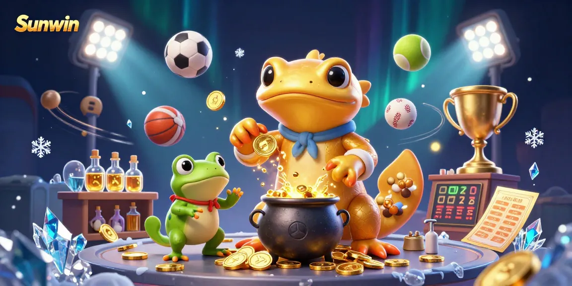 Sunwin captivates players as golden coins and sports emotions blend in a vibrant gaming scene.