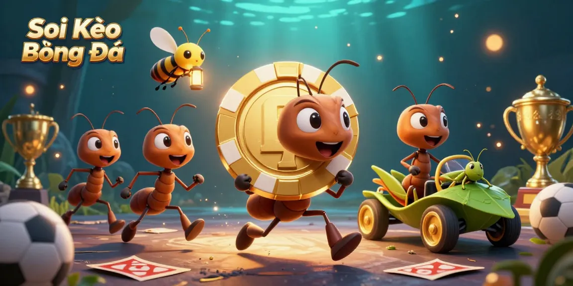 Soi Kèo Bóng Đá illustration of ants in a heist with a sports theme, driven by strategy.