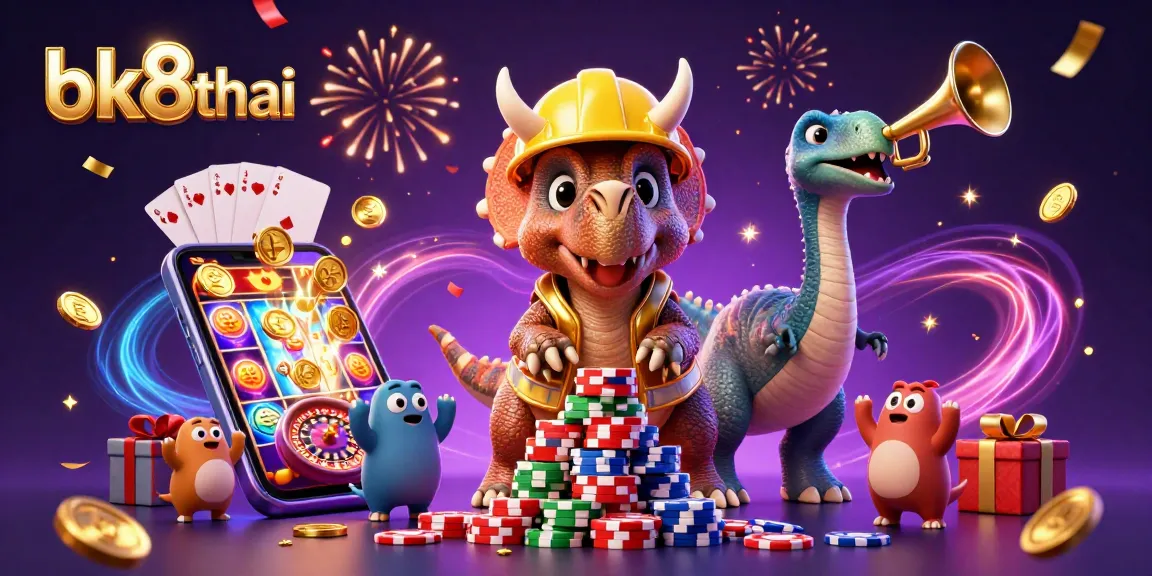 Win big with bk8thai as a triceratops celebrates building a poker chip pyramid surrounded by gaming elements.