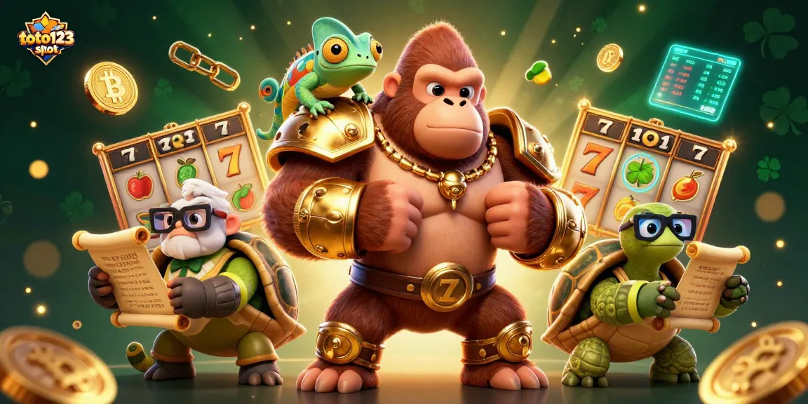 Toto123 slot powers thrilling jackpots with a mighty gorilla, colorful chameleon, and wise tortoise in a vibrant casino scene.