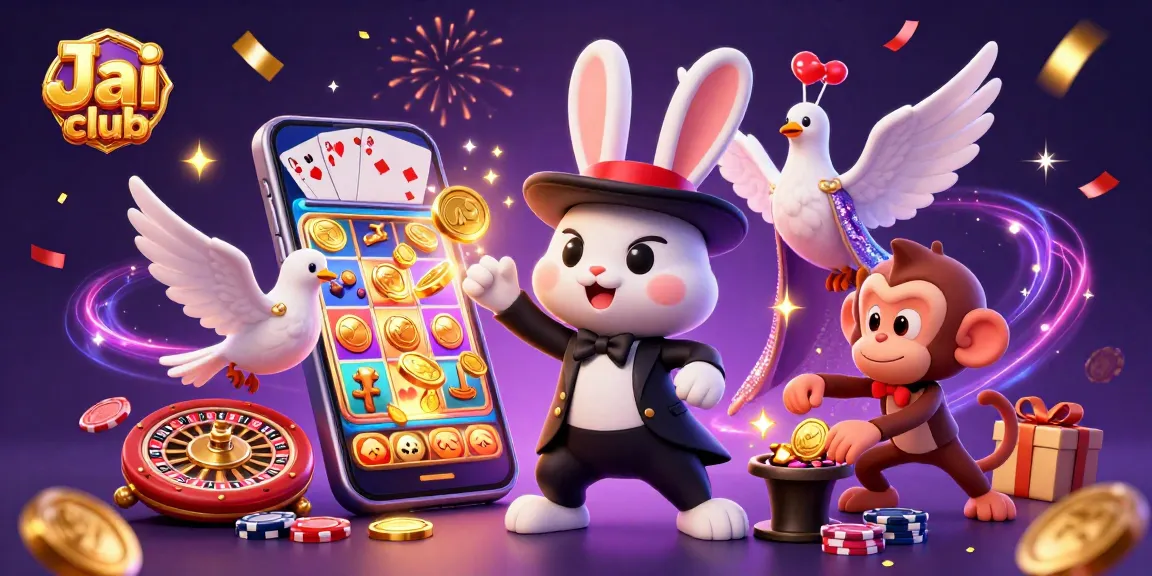 Experience the magic at Jai club with a joyful rabbit, doves, and monkeys amidst casino thrills.