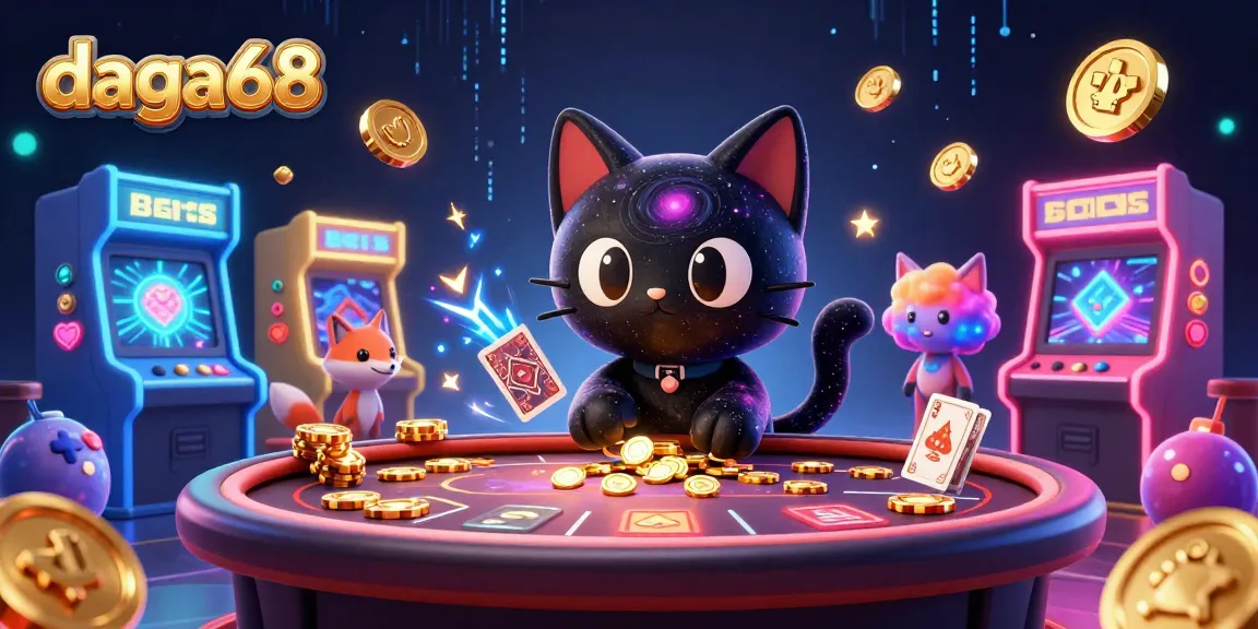 Dive into action with daga68, where the cosmic black hole cat commands a vibrant casino scene with golden chips and cards.