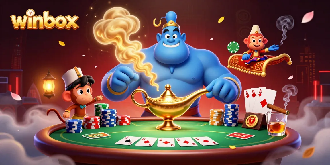 Winbox promo scene with a genie, Aladdin monkey, and poker chips in vibrant casino atmosphere.
