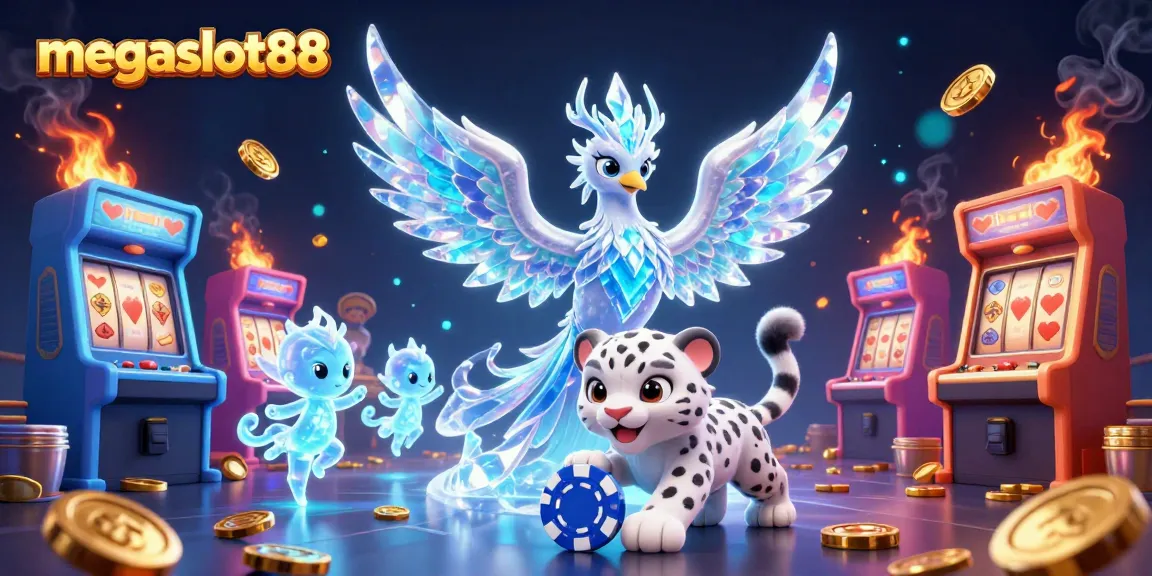 Engage with megaslot88's vibrant icy casino scene featuring a phoenix, snow leopard, and slots.
