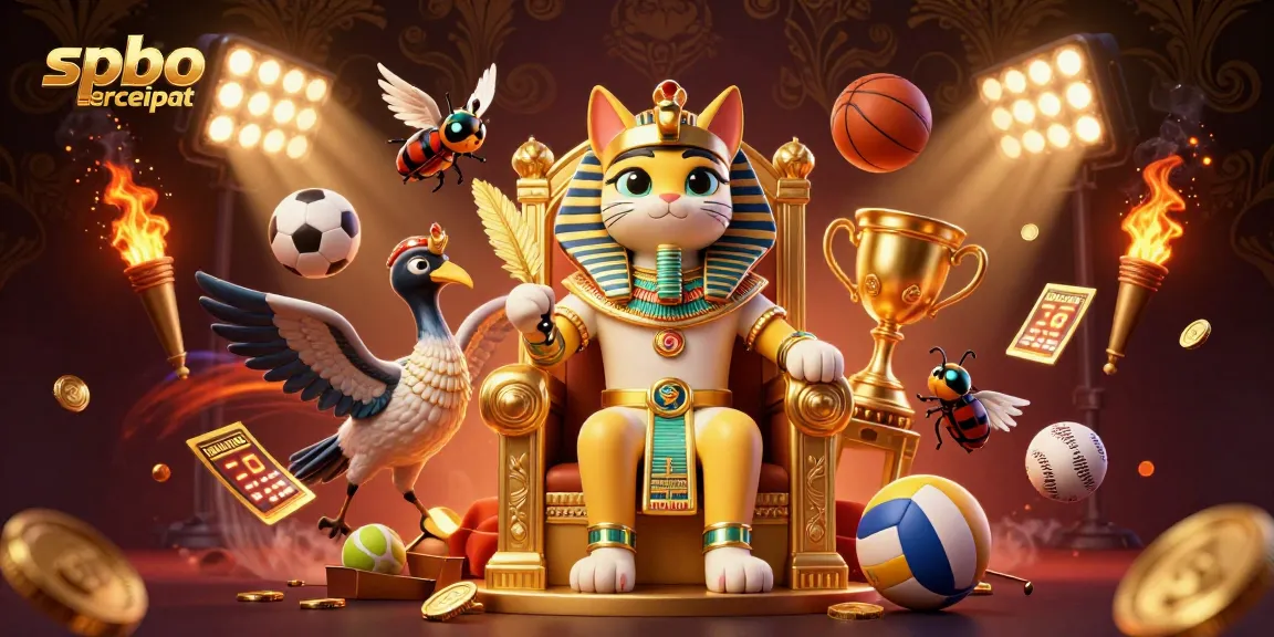 Experience the excitement of spbo tercepat with cartoon Egyptian pharaoh sitting on a throne surrounded by dynamic sports elements.