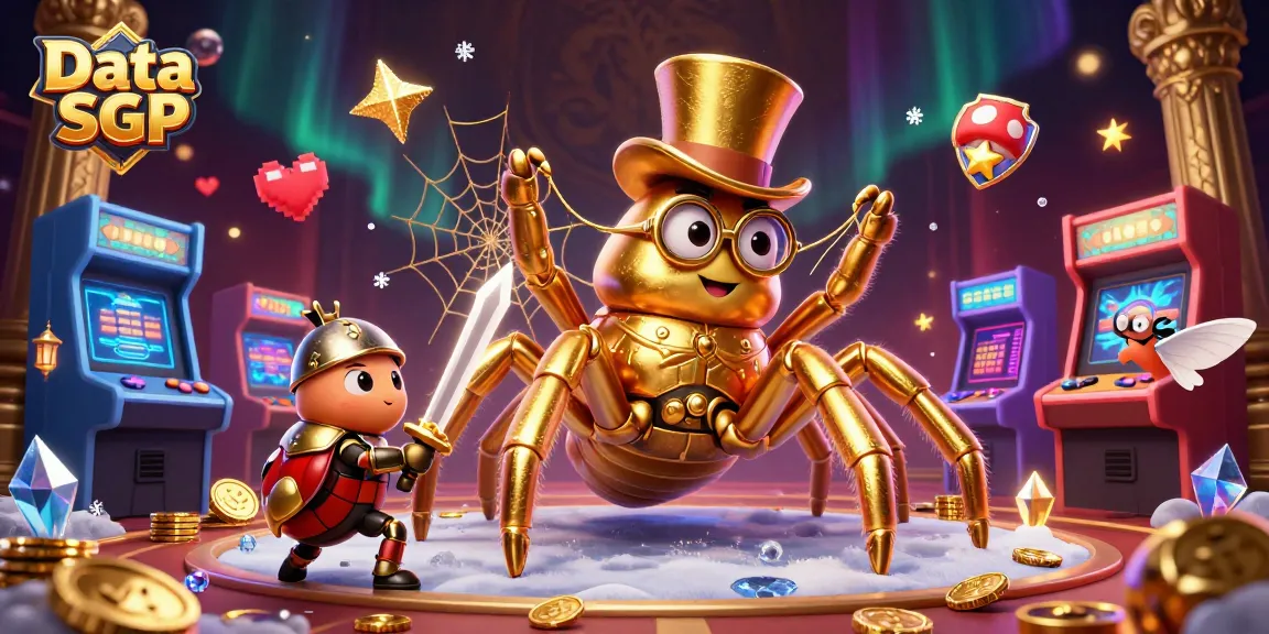 Engage with Data SGP as a giant tarantula spins gold at a vibrant casino arcade.
