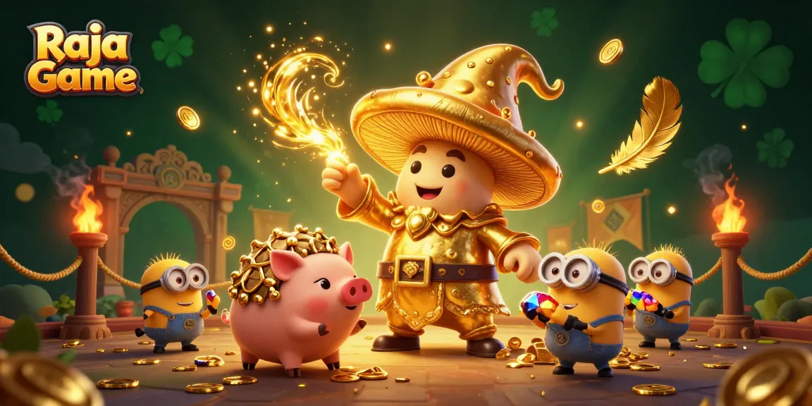 Experience thrilling gameplay with Raja Game featuring a golden wizard and treasure-hunting pig in a vibrant casino scene.