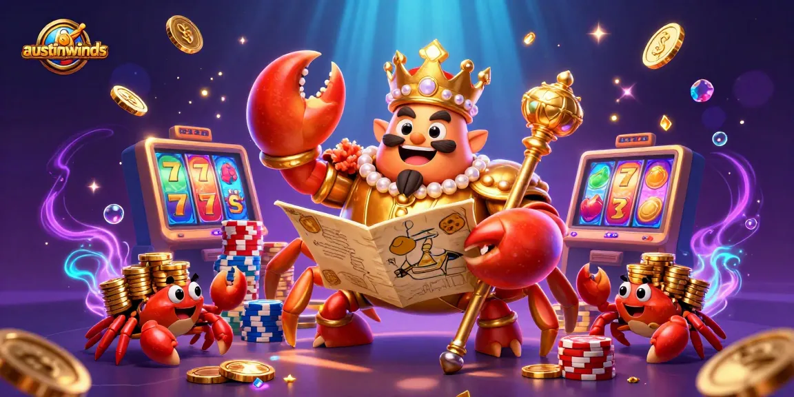 Austinwinds showcases a golden crab emperor in a vibrant casino scene with slot reels and colorful poker chips.