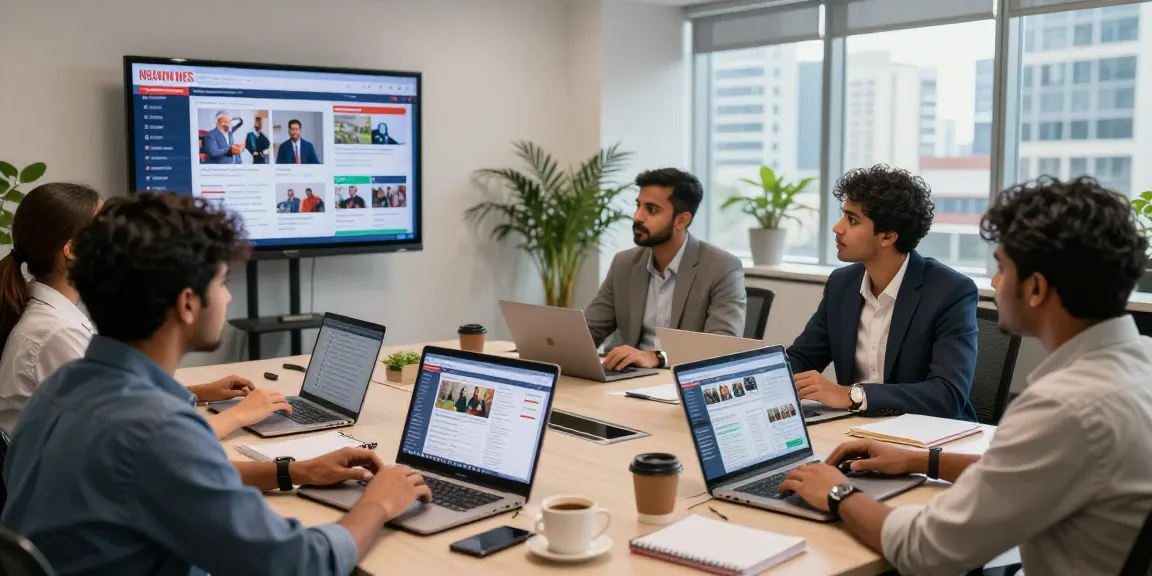 Journalists discussing breaking news at https://www.theindaily.com with multiple screens showing political and cultural updates.