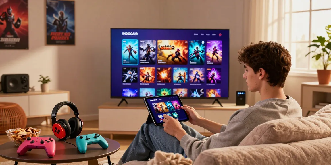 Enjoying the indocair login experience on a tablet in a cozy living room with gaming elements.