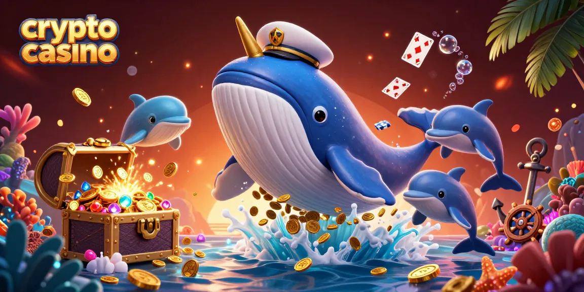 Jouez dans un crypto casino avec une baleine géante dans une mer de pièces et des dauphins jouant avec des jetons.