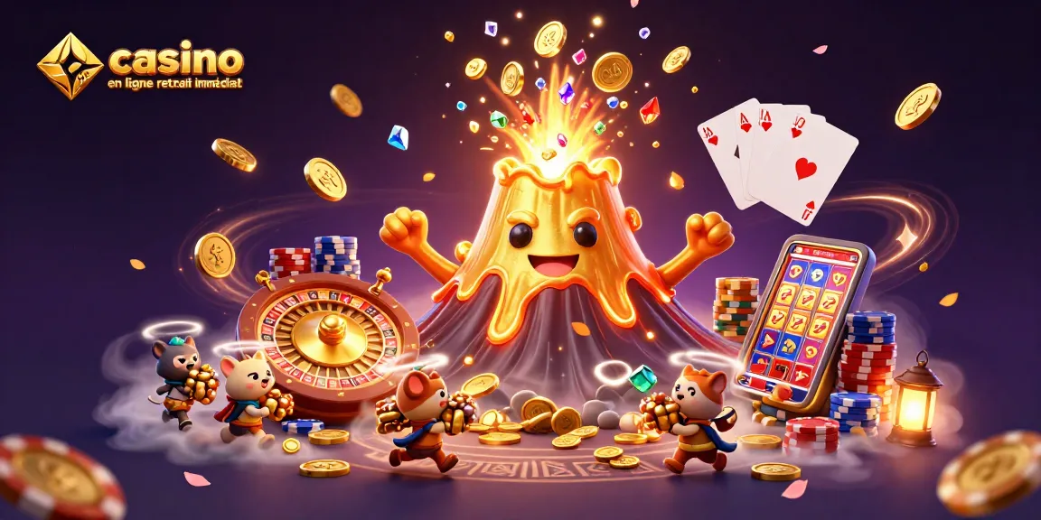 Illustration dynamique d'un volcan doré avec des pièces et gemmes, évoquant l'excitation du casino en ligne retrait immédiat.