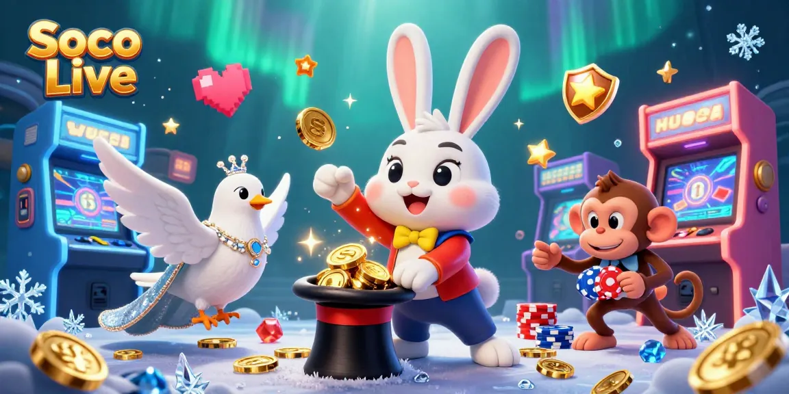 Experience the thrill of Soco Live with a cartoon scene of a magician rabbit, coins, and gaming elements.