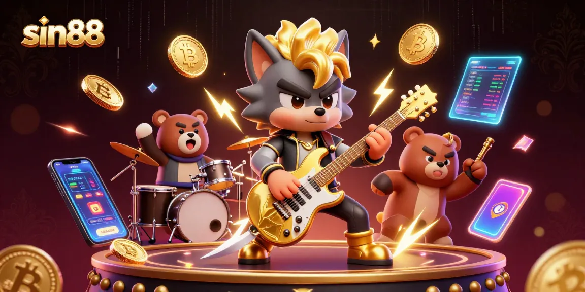 Experience thrilling gaming moments with sin88, showcasing a wild rock star wolf and vibrant crypto elements.