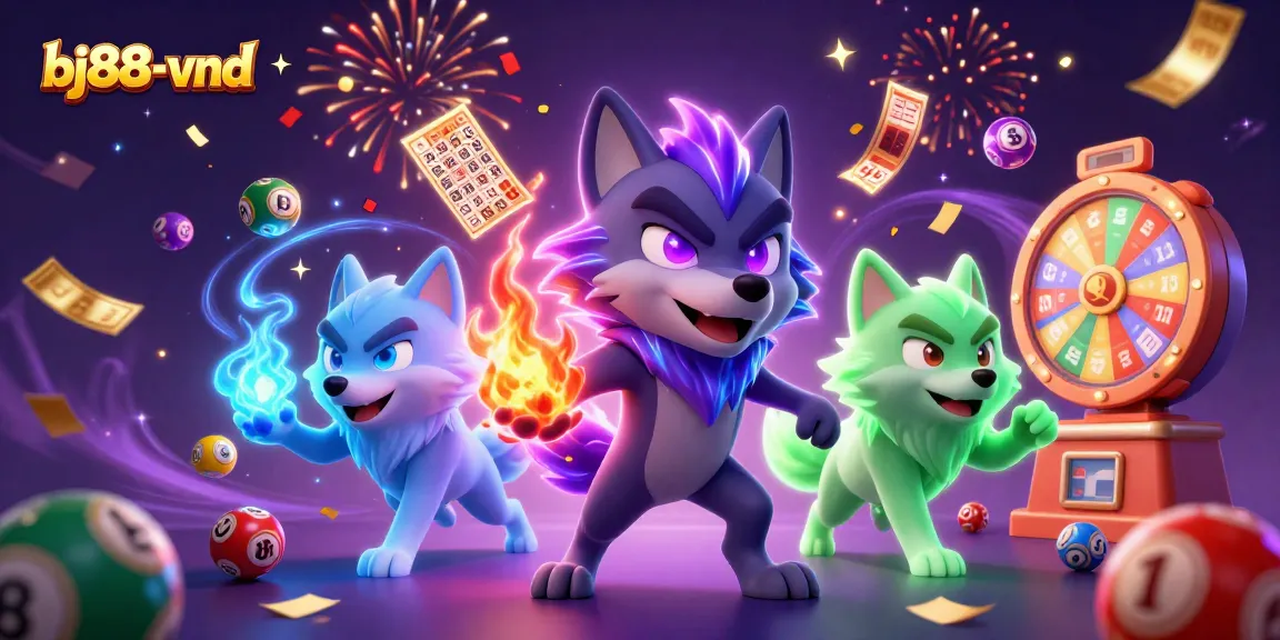 Engage with bj88-vnd's vibrant 3D casino scene featuring dynamic wolf characters and lottery elements.