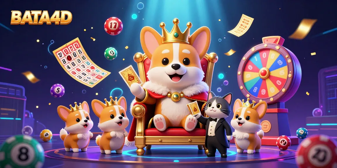 BATA4D illustrates a vibrant casino scene with a royal corgi, colorful lottery elements, and dynamic energy.