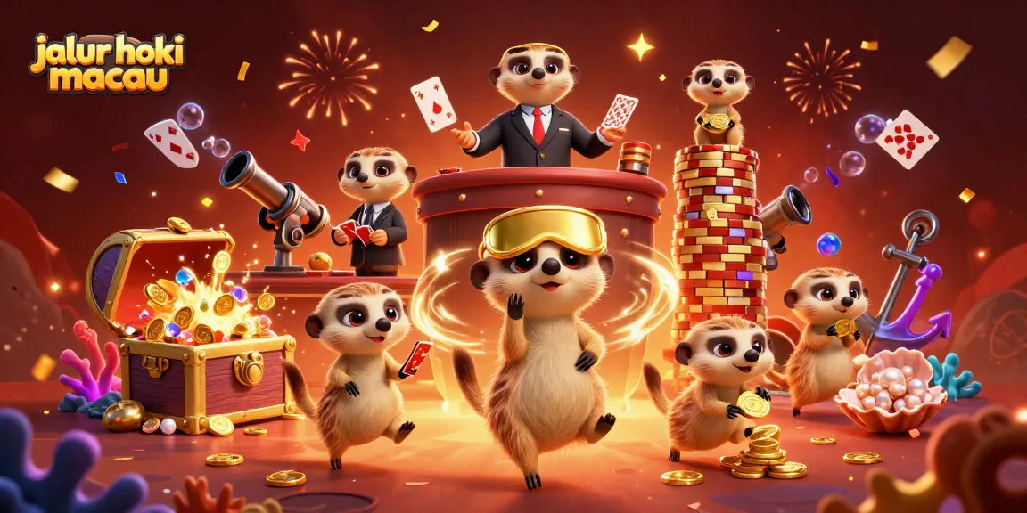 Experience thrilling gaming action with jalur hoki macau as meerkats run a vibrant casino featuring colorful gems and festive confetti.