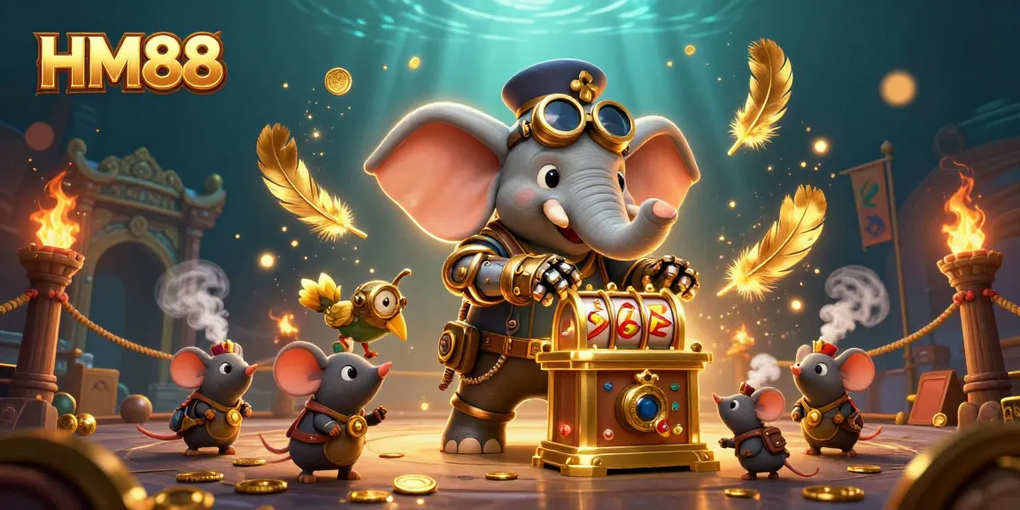 HM88 showcases thrilling gaming action with a steampunk elephant, dynamic slot machine, and cinematic effects.