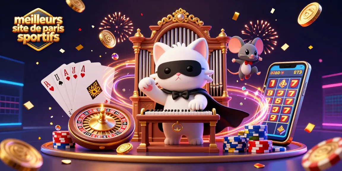 Une illustration 3D dynamique avec un chat masqué et un acrobate pour promouvoir les meilleurs sites de paris sportifs.