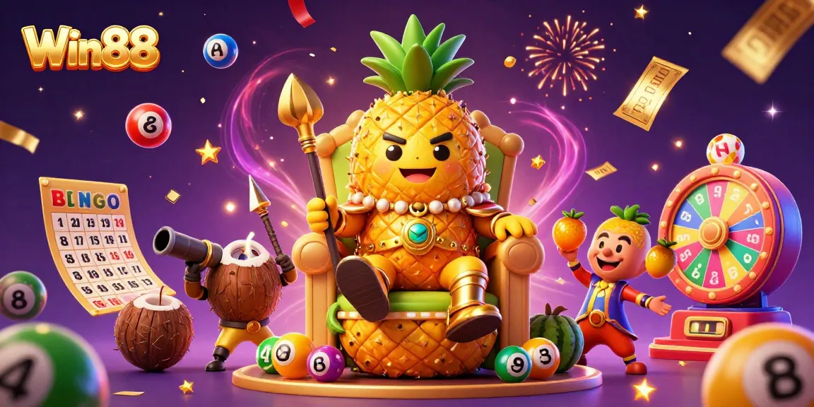 Win88 offers thrilling casino excitement featuring a golden pineapple king and vibrant game elements.